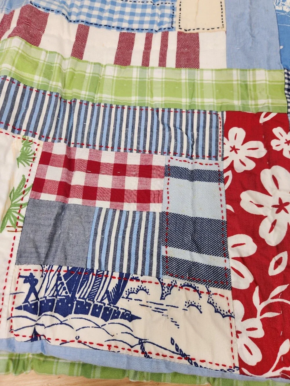 Pottery Barn Kids Aloha Patchwork Quilt Sz TwinNOS Tropical Hawaiian Island Flaw